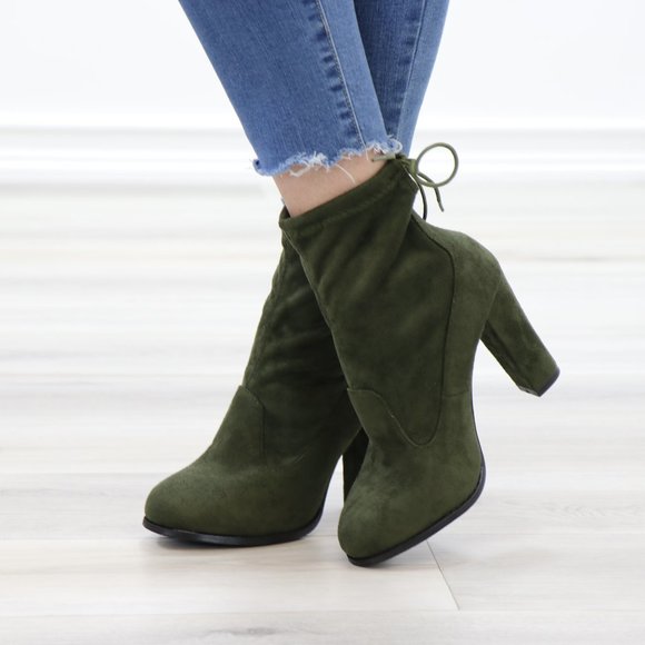 Round Toe Olive Suede Ankle Heeled Boots, Booties - Picture 9 of 13